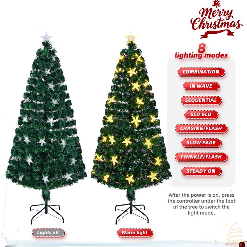 Anmytek 7FT Pre-lit Fiber Optic Christmas Tree - Full Spruce Tree with Large Stars & Metal Stand