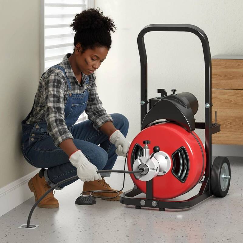 100FT 1/2 Inch Portable Electric Drain Auger, Drain Cleaning Machine with Blue Gloves