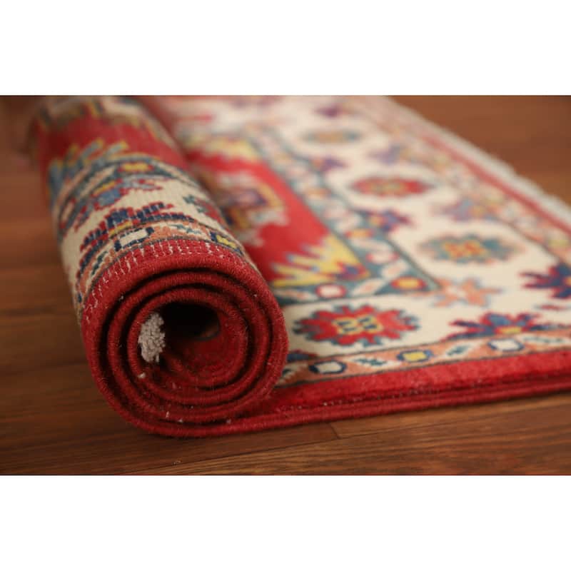Hand Knotted Oriental 100% Wool Carpet Traditional Geometric Red Kazak Area Rug - 3' 0'' X 2' 0''