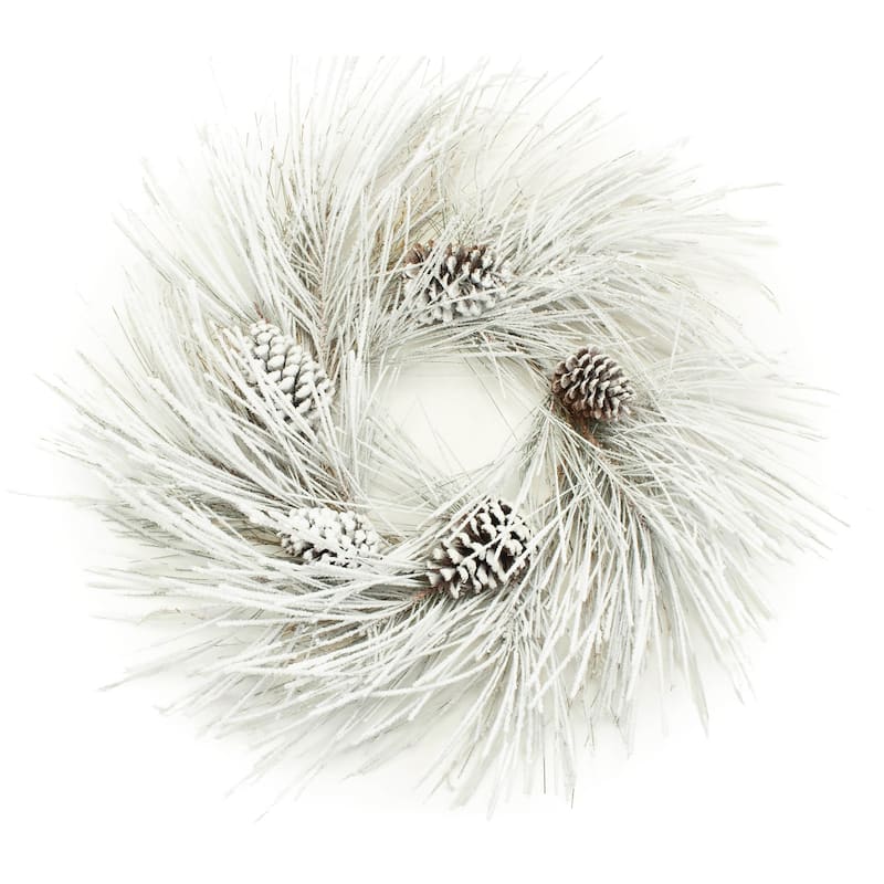 27-Inch Flocked Long Needle Pine Christmas Wreath with Real Pinecones & Grapevine Base - 27” (H) x 29” (W) x 8” (D) - White, Green