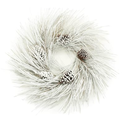 27-Inch Flocked Long Needle Pine Christmas Wreath with Real Pinecones & Grapevine Base - 27” (H) x 29” (W) x 8” (D)