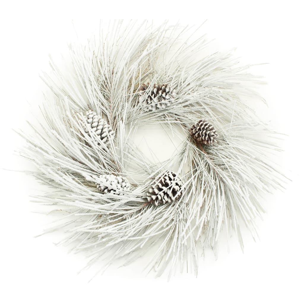 27-Inch Flocked Long Needle Pine Christmas Wreath with Real Pinecones & Grapevine Base - 27” (H) x 29” (W) x 8” (D)