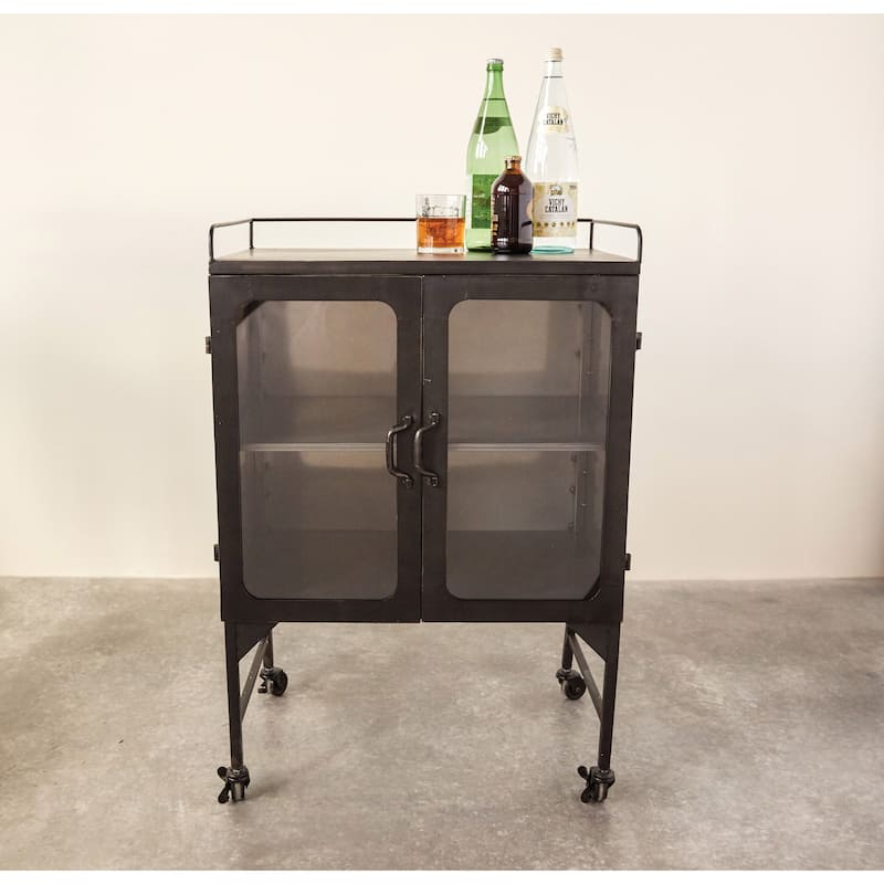 Metal Cabinet with Glass Doors and Wheels