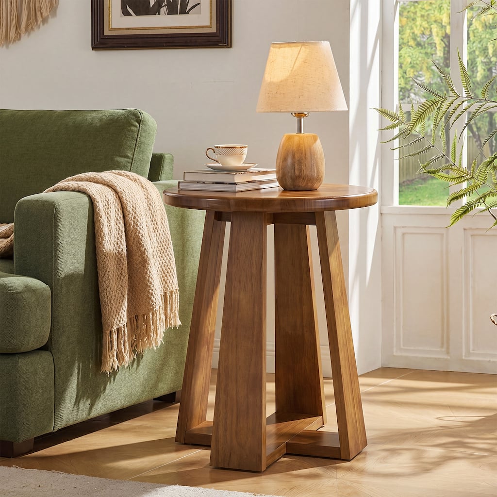 Solid Wood Round End Table, Mid-Century Modern Side Table