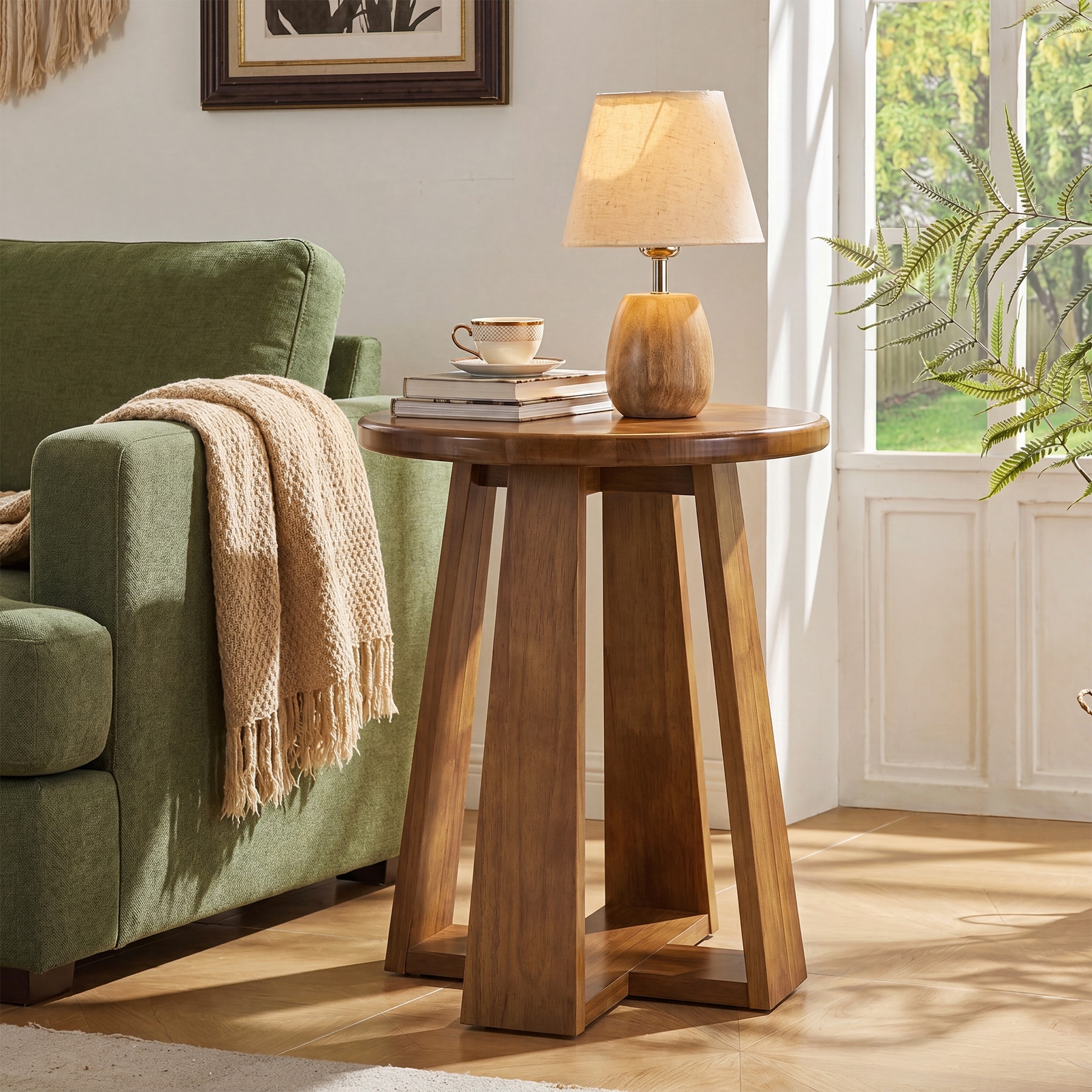Solid Wood Round End Table, Mid-Century Modern Side Table