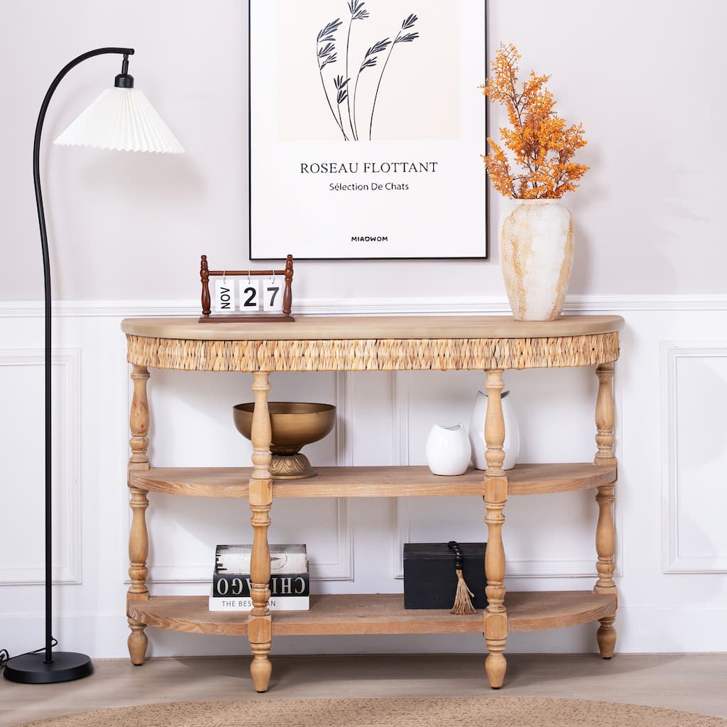 49" Wood Console Table with Hand-Woven Trim, 3-Tier Storage Shelves, with Carved Legs, Rustic Coastal Farmhouse Accent Table