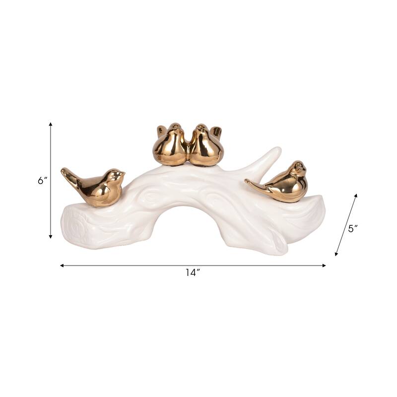 Porcelain Bird Statue with White Branch Base - 14", White & Gold - 14" x 5" x 6"