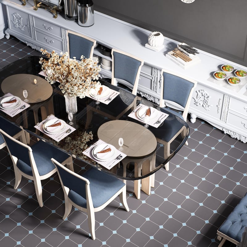Merola Tile Vaudeville Octagon Antracita with Taco Azzuro 7-7/8" x 7-7/8" Porcelain Floor and Wall Tile