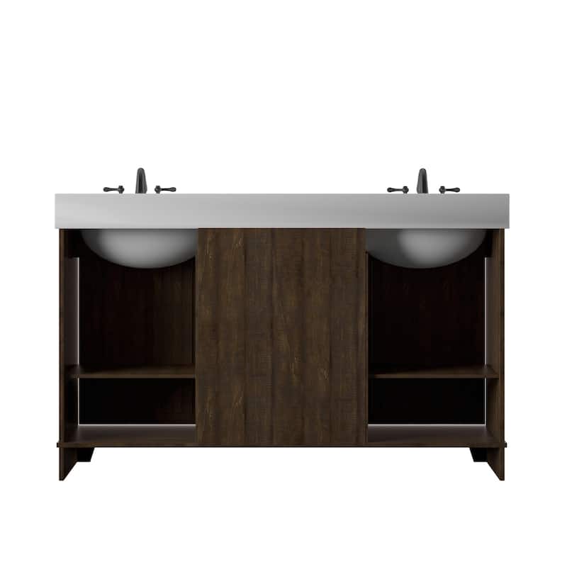 60" Sliding Barn Door Double Sink Bathroom Vanity with 4 Woven Baskets