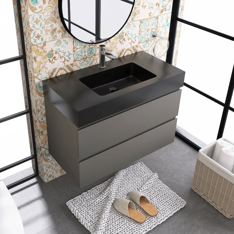Floating Bathroom Vanity with Black Solid Surface Top