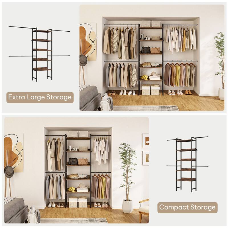 Adjustable Closet Organizer System with 4 Hanger Rods and 5-Tier Shelves for 6-9 Ft Space