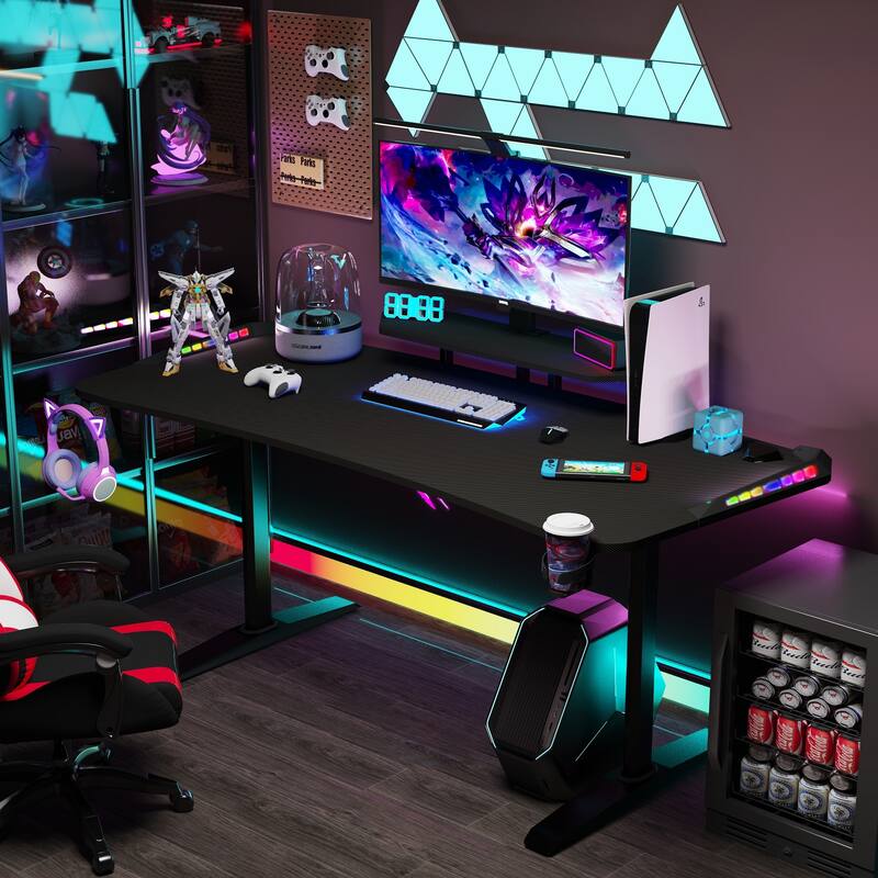 71" Gaming Table Office Computer Desk Gamer Workstation with Monitor Shelf LED Light Mouse Pad