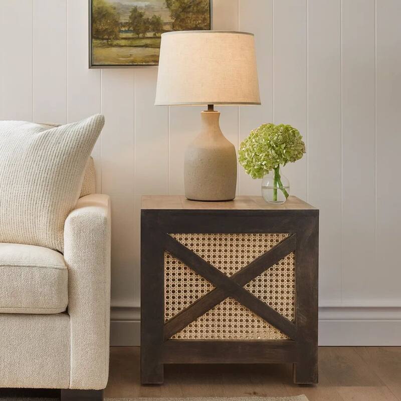 Accent Ottoman Table, 16 Inch Square, Boho Style, Cane Wicker