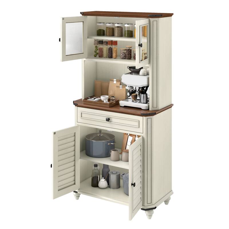 Moasis 67 Inch Farmhouse Kitchen Pantry Cabinet with Microwave Stand Charging Station and Ample Storage
