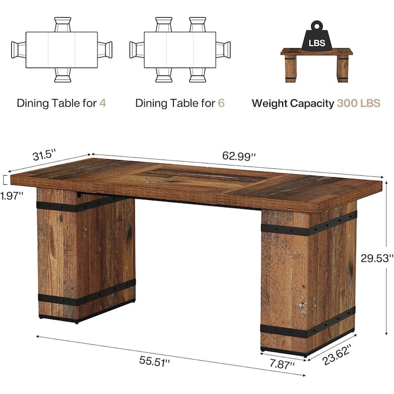 63" Dining Table, Rectangle Farmhouse Wood Kitchen Table with Metal-Trimmed Pedestal Base
