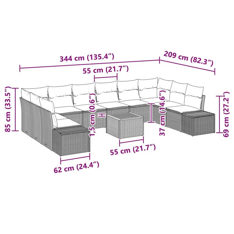 vidaXL 11 Garden Sofa Set with Cushions Black/Grey Poly Rattan - 135.4 x 82.3 x 27.2