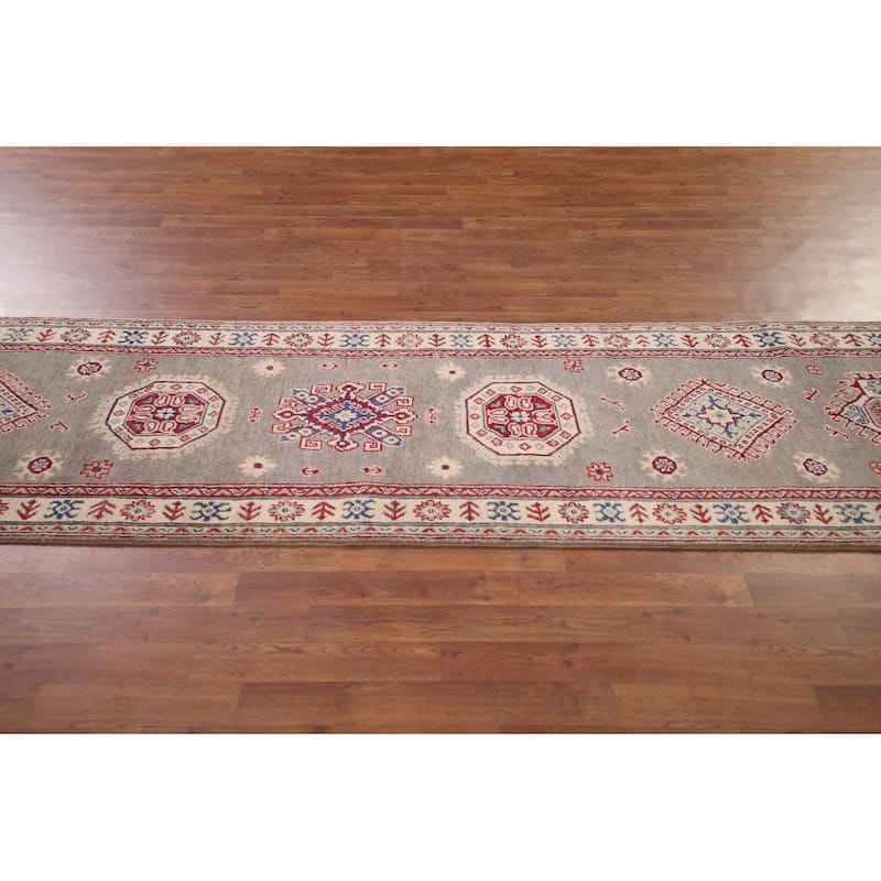 Geometric Kazak Runner Rug Handmade Hallway Wool Carpet - 2'8" x 19'5"