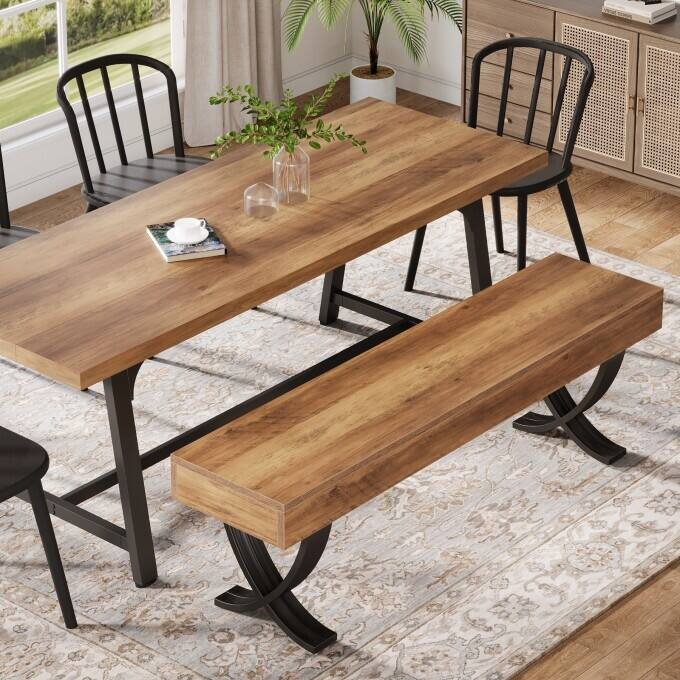 55-Inch Dining Room Bench, Wood Kitchen Bench with Metal Legs