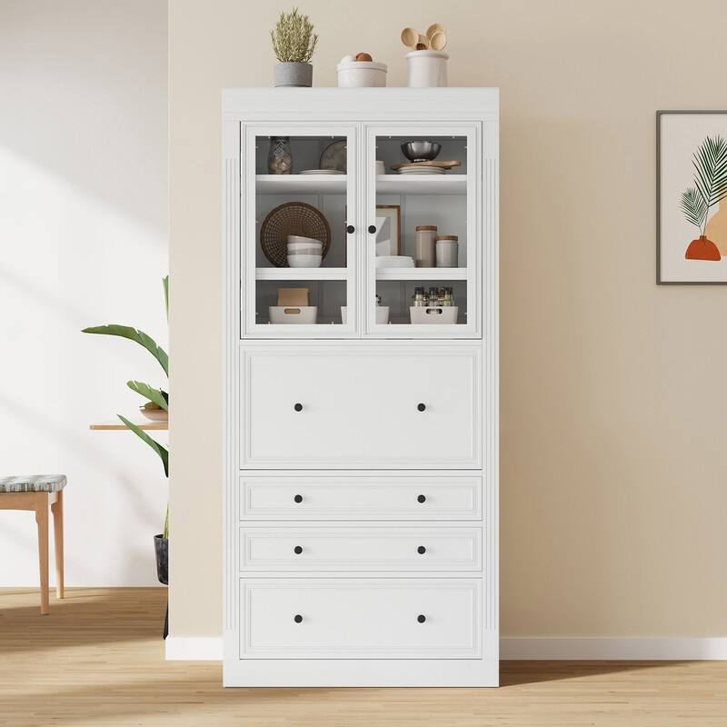 Freestanding 78" Tall Kitchen Pantry Storage Cabinet with Drop-Down Surface and Adjustable Shelves,Power Outlet for Organization - White