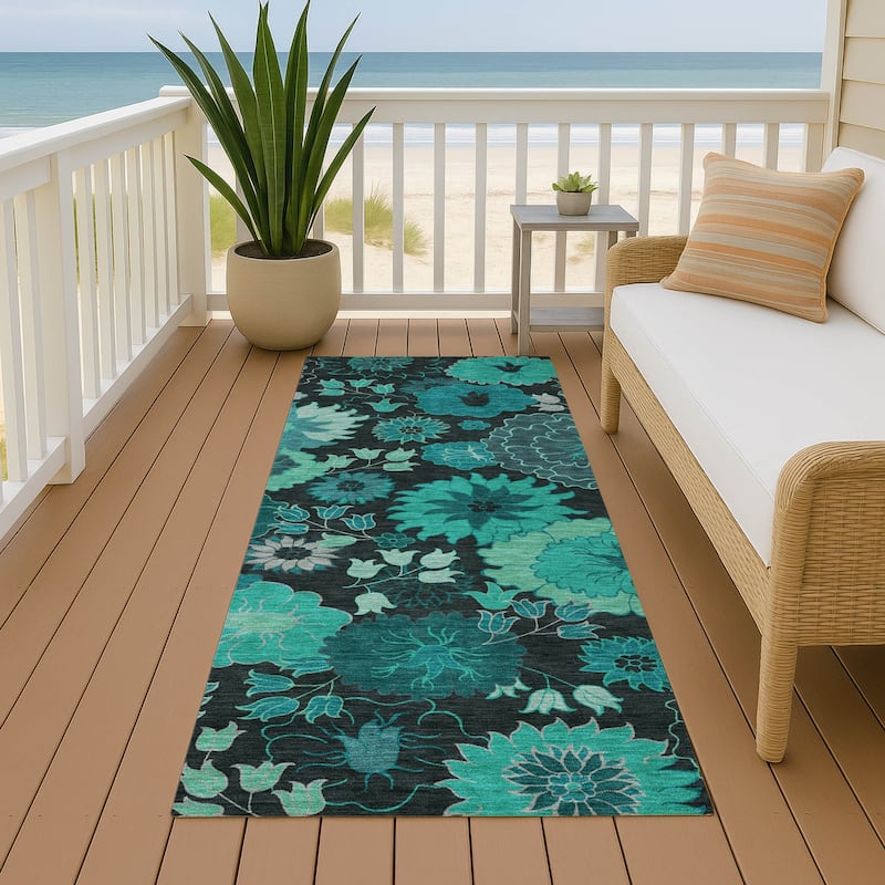 Machine Washable Indoor/ Outdoor Modern Floral Chantille Rug - Teal - 2'3" x 7'6"