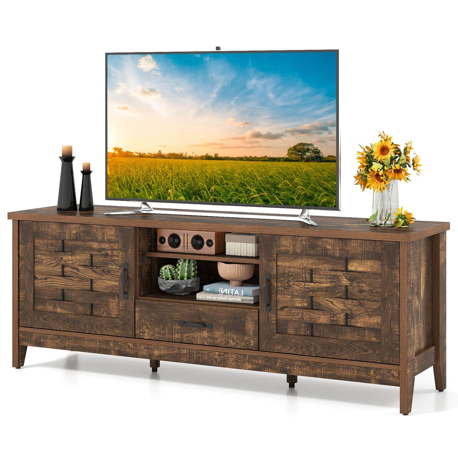 Costway TV Stand with 2 Woven Accent Doors, Storage Drawer 3 - See Details