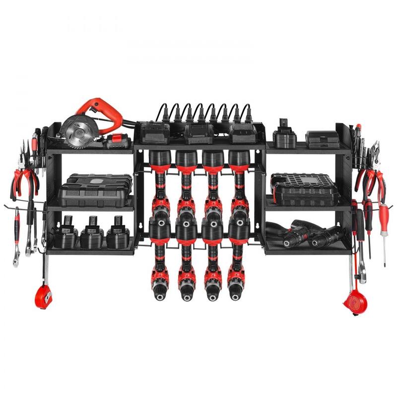 Black 3-Tier Tool Rack with 8-Outlet Strip Adjustable Shelves Pegboard for Workshop - 50.89 x 8.66 x 16.54 in