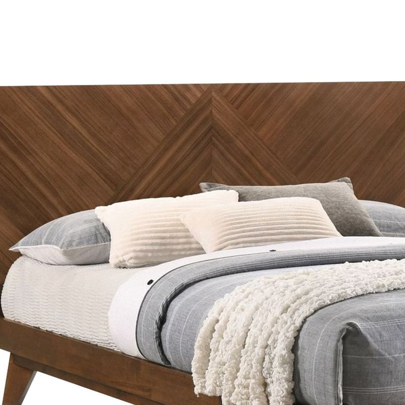 Soer Queen Bed, Chevron Pattern Tall Headboard, Walnut Brown Solid Wood