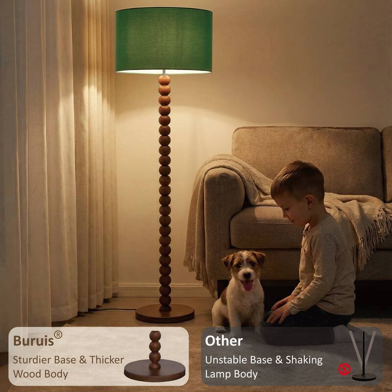 61" Wooden Beaded Floor Lamp, Retro Walnut Finish Standing Lamp with Linen Shade, Rubberwood Base for Living Room, Bedroom