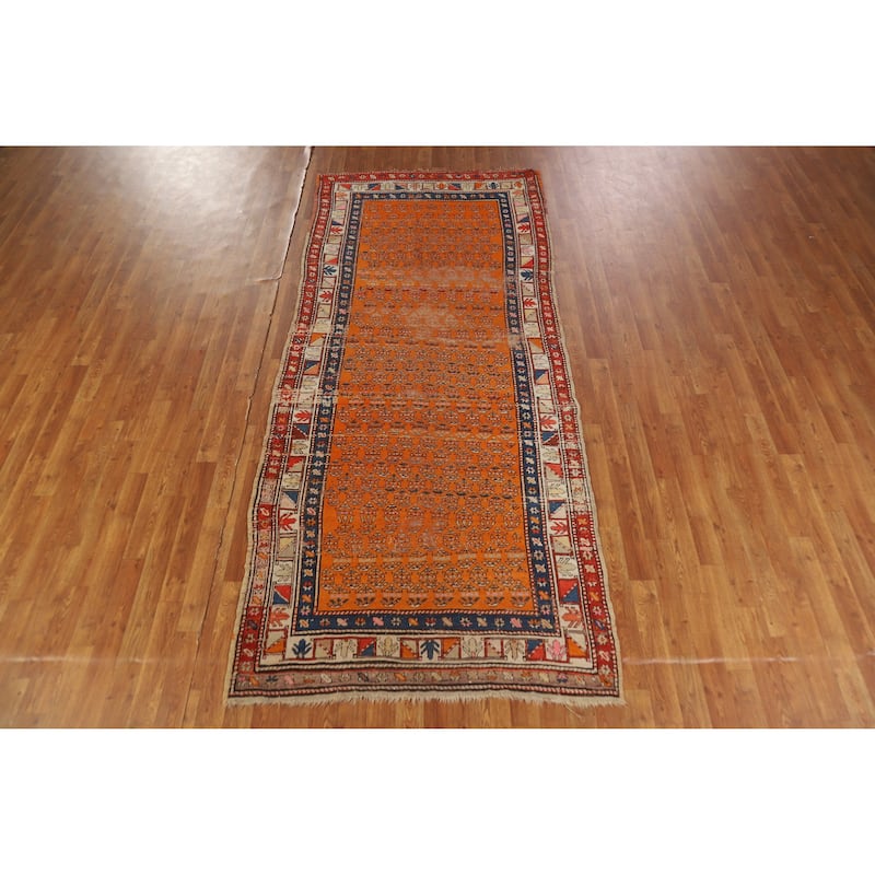 Hand Knotted Oriental 100% Wool Carpet Traditional Geometric Oranges & Rust Caucasian Runner Rug - 9' 3'' X 4' 0''