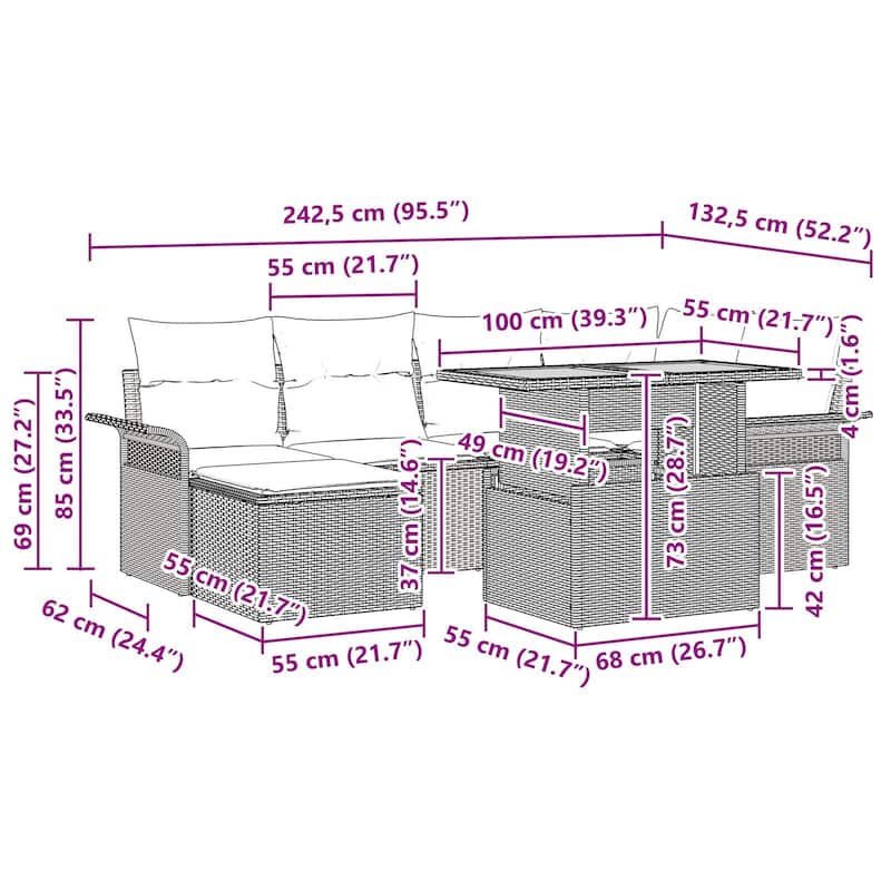 vidaXL 7 Piece Garden Sofa Set with Cushions - 95.5×52.2×27.2