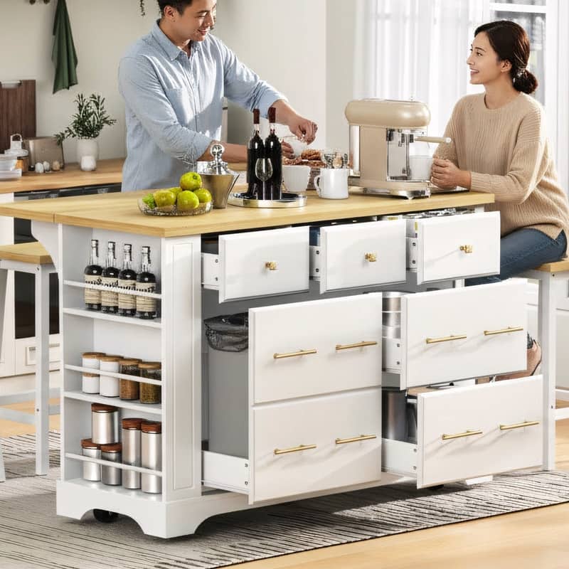 51.2" Rolling Kitchen Island with Drop Leaf, Kitchen Island with 6 Drawers, Pull Out Trash Can Storage and Power Outlet