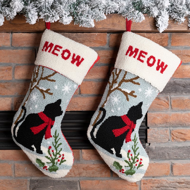Glitzhome Christmas Hooked Stocking Cat Dog Fox Reindeer Dinosaur(Set of 2)