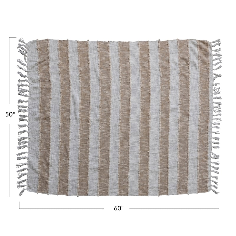 Cotton Throw Blanket with Stripes and Fringe - Tan - 60.0"L x 50.0"W x 1.0"H