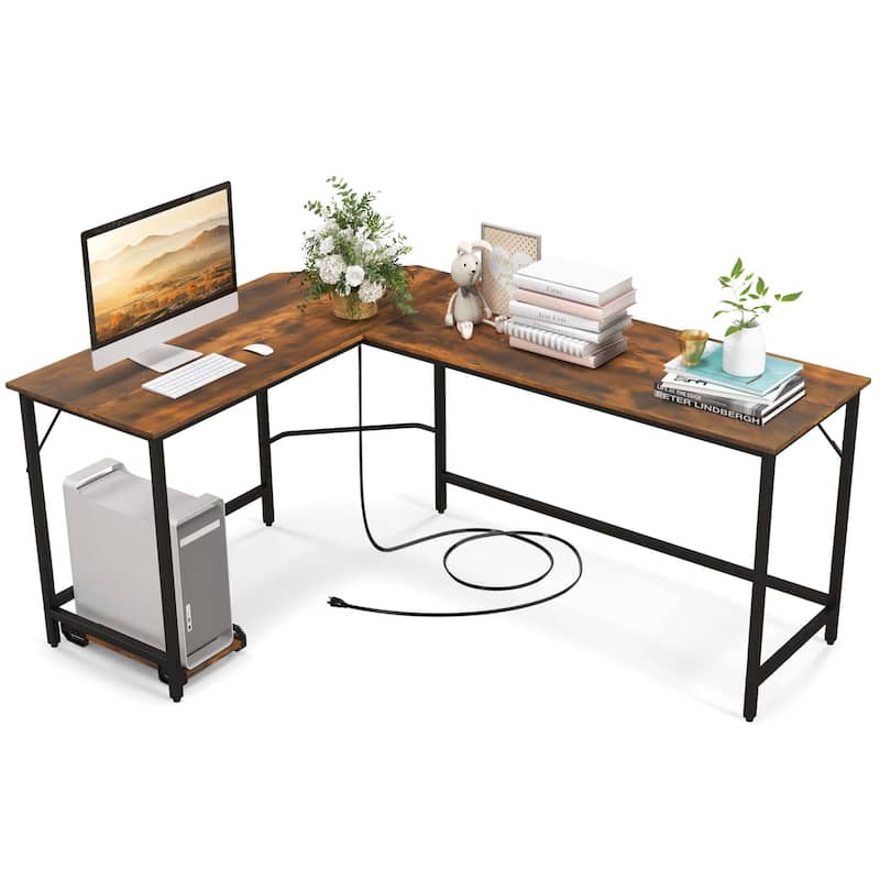 Costway L-shaped Gaming Desk Computer Desk with CPU Stand Power - Brown