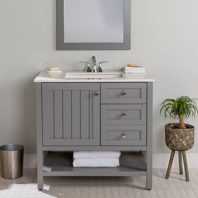 Spring Mill Cabinets Elvet 37" Bathroom Vanity With Cabinet, 2 Drawers, Open Shelf, and Sink Top