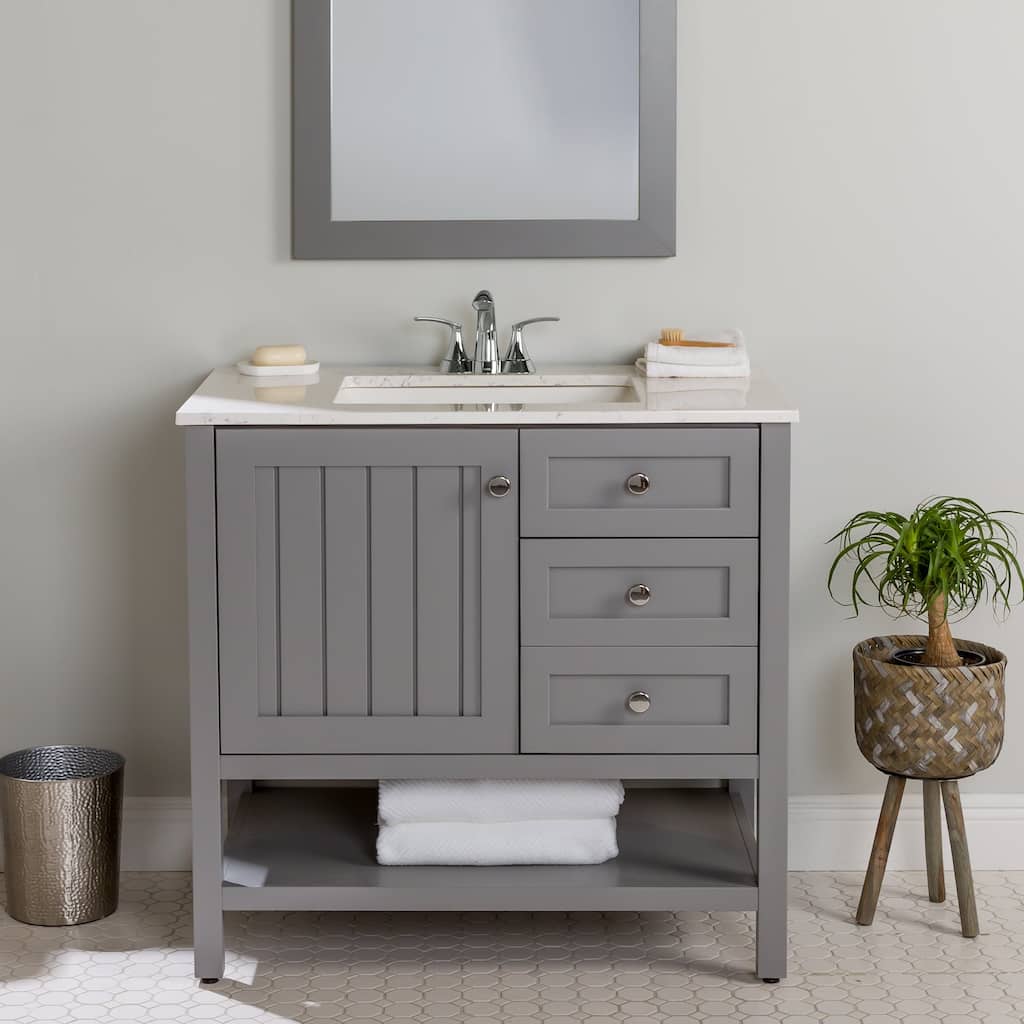 Spring Mill Cabinets Elvet 37" Bathroom Vanity With Cabinet, 2 Drawers, Open Shelf, and Sink Top