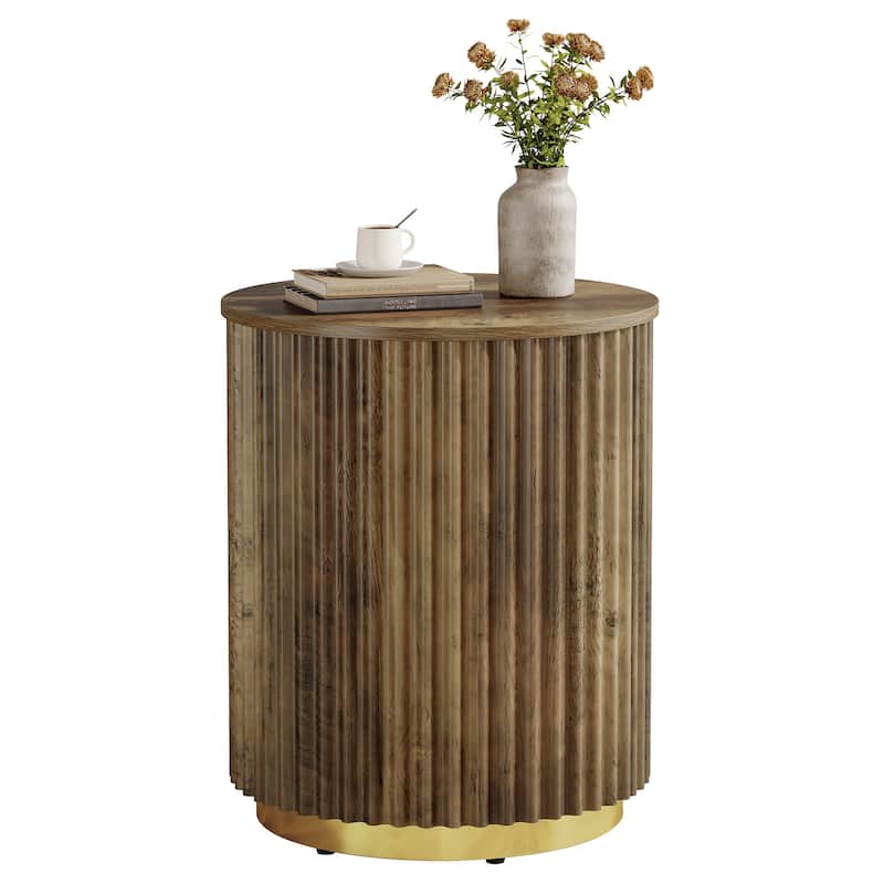 Small Fluted Round Side Table, Wooden Bedside Table for Sofa