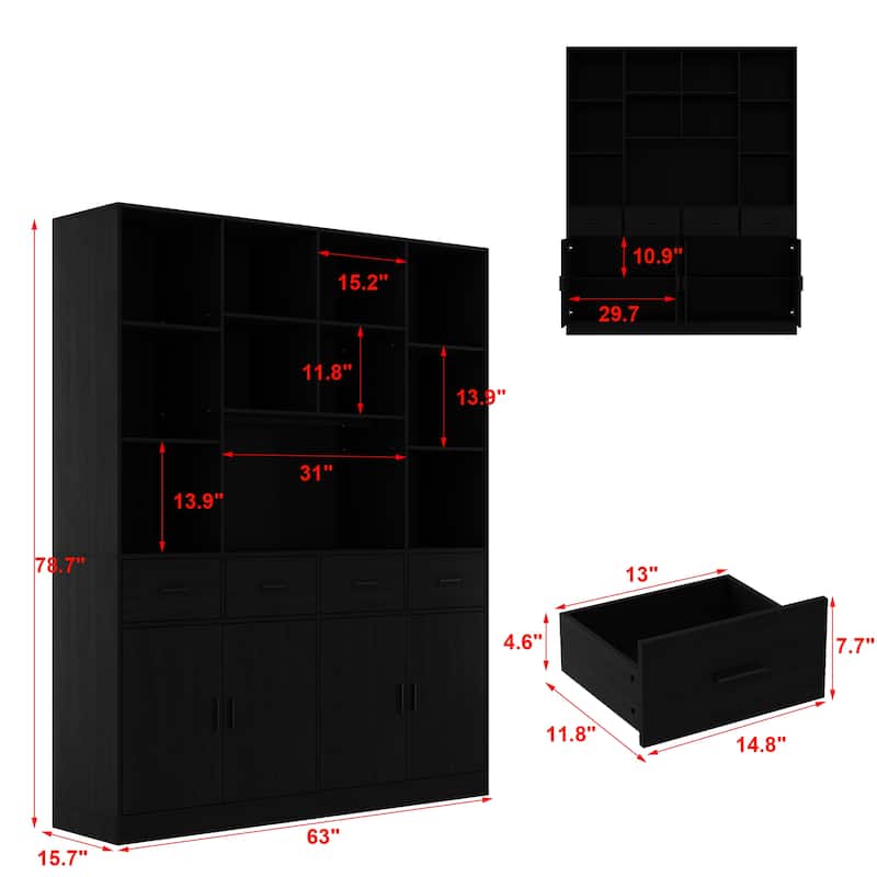 Bookshelf Bookcase with 4 Doors,4 Drawers & Storage Shelve,Black - 78.7"H