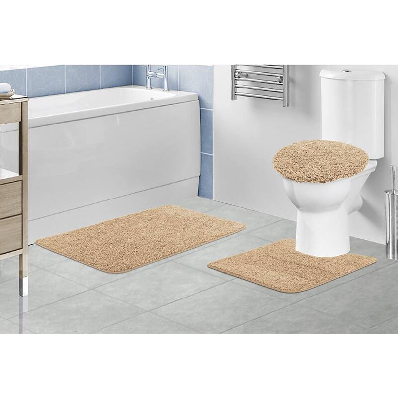 Layla 3 PC Shaggy Bathroom Rug Set, Bath Mat, Contour Rug, Lid Cover, Solid Colors