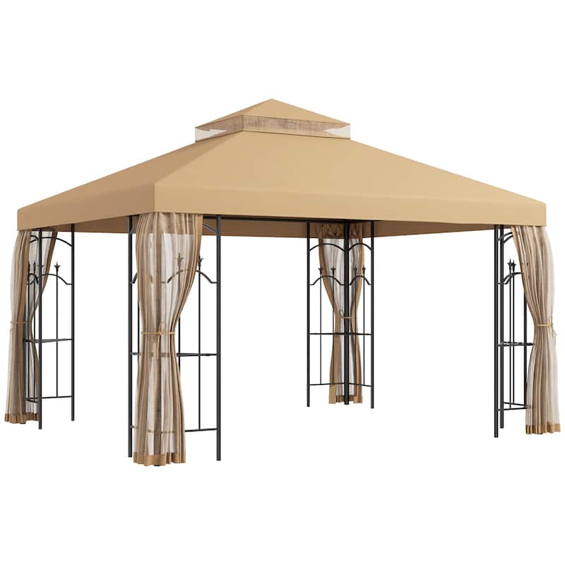 Outsunny 10' x 12' Patio Gazebo with Corner Frame Shelves, Double Roof Outdoor Gazebo Canopy Shelter with Netting