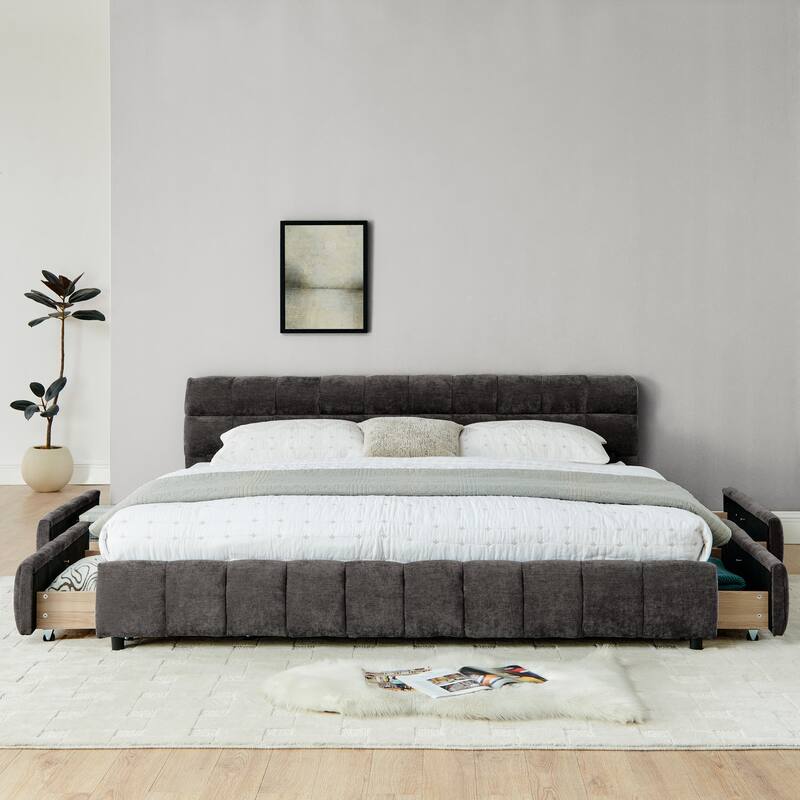 Block Thick Chenille Low Profile Platform Bed Fabric Upholstered Bedframe with Headboard Solid Wood Frame - Optional Storage Bed