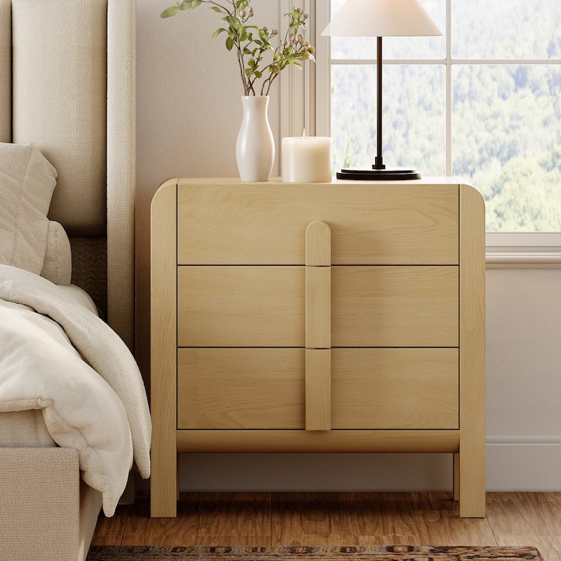 WAMPAT Modern Wood Nightstand With 3 Drawers ,31.5" Large Mid-Century End Table,Curved Bedside Table Storage Cabinet For Bedroom - Oak - 3-drawer