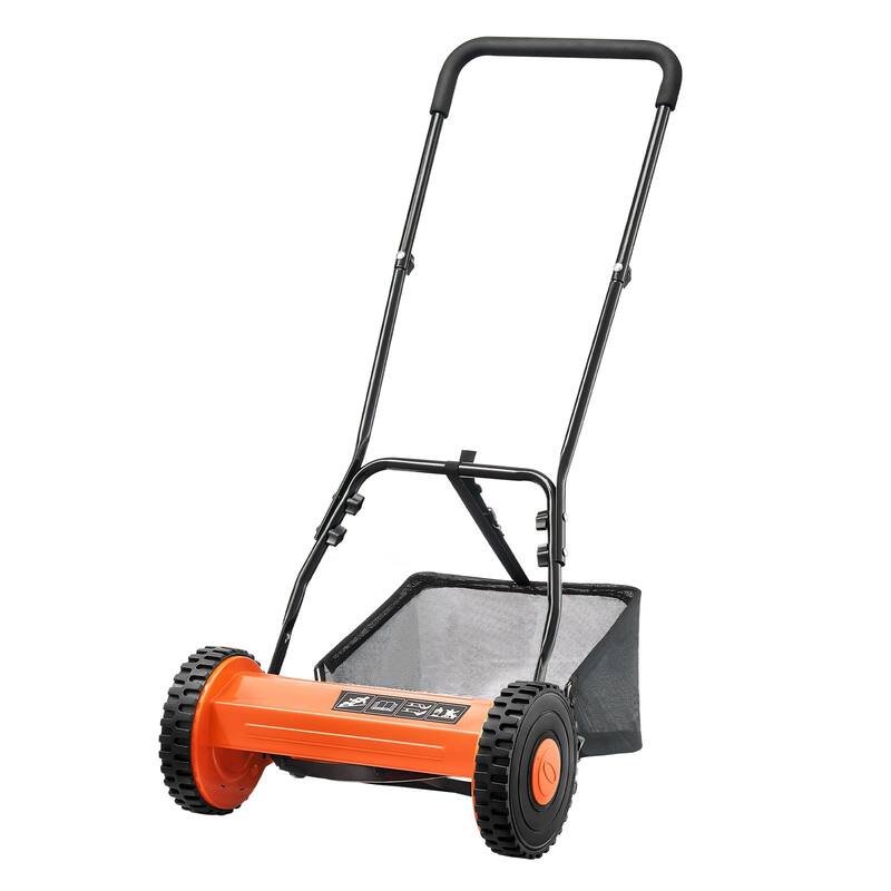 Black and Orange 16 inches Push Lawn Mower with 5 Steel Blades, Adjustable Height and Grass Catcher - Orange/Black