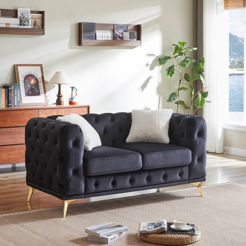 Velvet Chesterfield Loveseat Sofa, Tufted Button Upholstered 2 Seater Sofa, Lounge Sofa Chair with 2 Pillows & Metal Legs