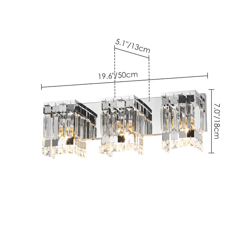 3-Light Modern Glam Chrome Finish Rectangle Crystal Bathroom Vanity Lights - 19.7 in. W x 5.1 in. D x 7.1 in. H