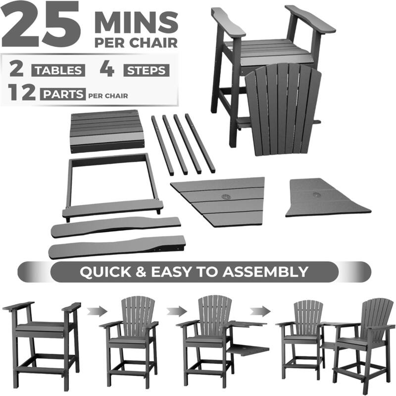 2-Pack Adirondack Bar Stools High-Back Outdoor Patio Chairs with Cup Holder Tray