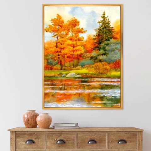 Designart 'Autumnal Forest By The Lake Side III' Lake House Framed Canvas Wall Art Print