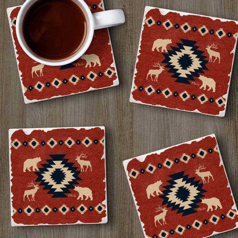 Aztec Lodge IV 4-Pack Absorbent Stone Coasters with Protective Cork Backing 4" Square Made in The USA Easily Wipes Clean