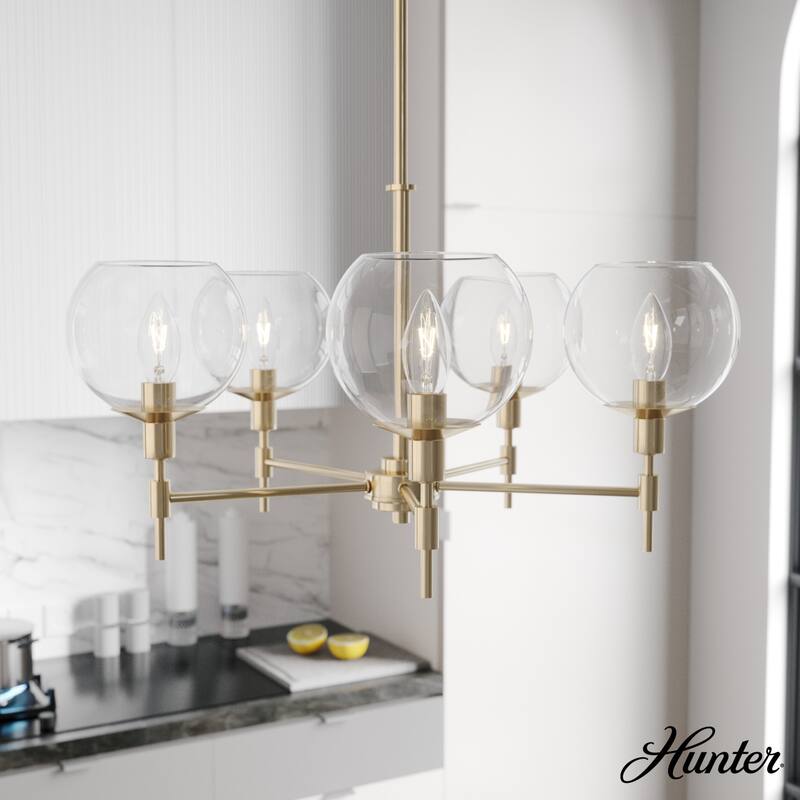 Hunter Xidane Metal and Glass Orb Chandelier - Entry, Kitchen or Dining Room Table, Bedroom - Mid-Century Modern, Transitional - 5- Light - Alturas  Gold
