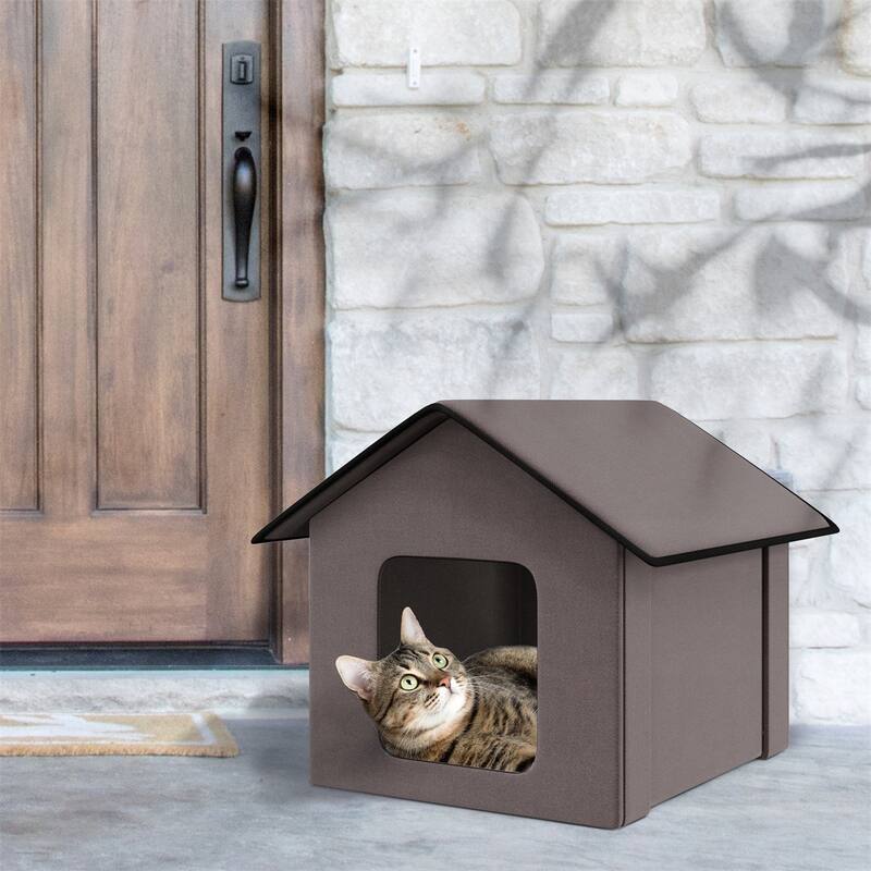 Heated Cat House with Berber Fleece Pad Foldable Outdoor Indoor Shelter Brown Warm Cozy Cat Bed